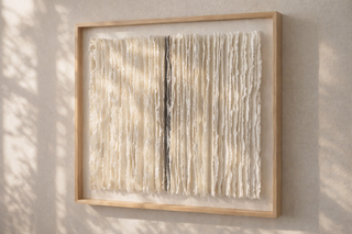 Neutral abstract wall art composed of layered, textured cream-colored fabric arranged vertically within a light wood frame, softly lit by natural light.