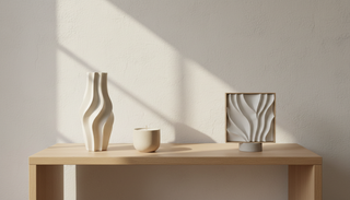 Minimalist interior scene with a light wood shelf holding abstract white ceramic sculptures—a wavy vase, a small candle, and a framed relief—cast in soft natural light with diagonal shadows on a textured wall.
