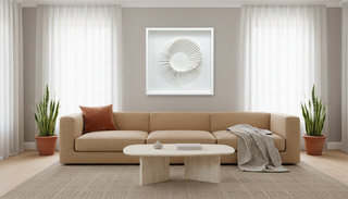 A calm, modern living room with a beige sofa centered between tall windows, a round stone coffee table on a textured rug, potted plants on either side, and minimalist circular wall art above.
