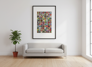 A clean, modern living room with a light gray sofa centered beneath a framed artwork made of a grid of vibrant, multicolored images, styled with light wood floors and a potted plant.