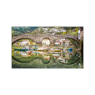 P-10-101-101-116-0045-1.jpg;full color, idyllic, arched bridge, stone bridge, boats, homes, water reflection, mountains