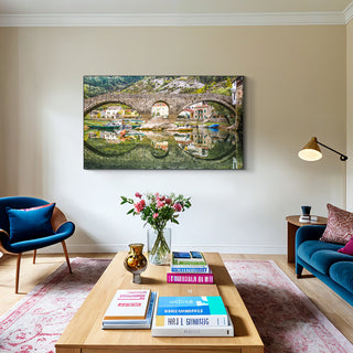 S-10-101-101-116-0045-1.jpg;full color, idyllic, arched bridge, stone bridge, boats, homes, water reflection, mountains