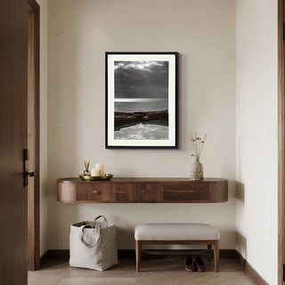 S-10-101-117-107-0032-1.jpg;ocean, tide, clouds, figure, person, rocks, stone, nature, sunbeam, cool tones, gray, brown, white