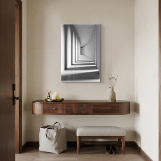 S-10-101-117-119-0003-1.jpg;black and white, shadows, hallway, corridor, arches