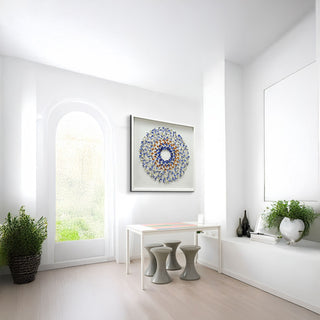 S-10-102-111-110-0031-1.jpg;butterflies, 3-D, circle, blues, orange, yellow, cut paper