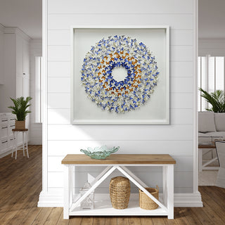 S-10-102-111-110-0031-3.jpg;butterflies, 3-D, circle, blues, orange, yellow, cut paper