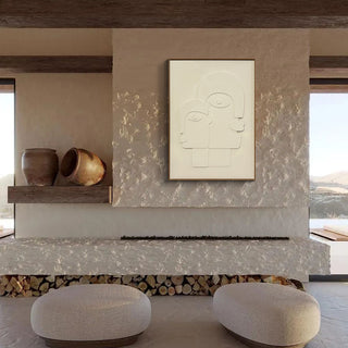 Modern living room with a fireplace, abstract wall art, and two ottomans. 

sku: S-10-102-112-103-0003-1