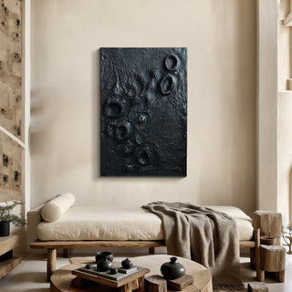 Modern interior with a textured black wall art piece above a wooden bench.

sku: P-10-102-112-104-0024-1