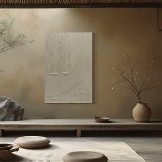 Minimalist interior with a textured wall art piece, vase, and stones on a wooden platform.

sku: S-10-103-121-104-0022-1
