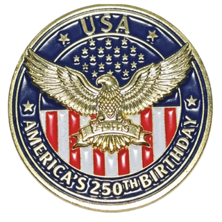Circular coin with American flag design and eagle, celebrating America's 250th birthday.